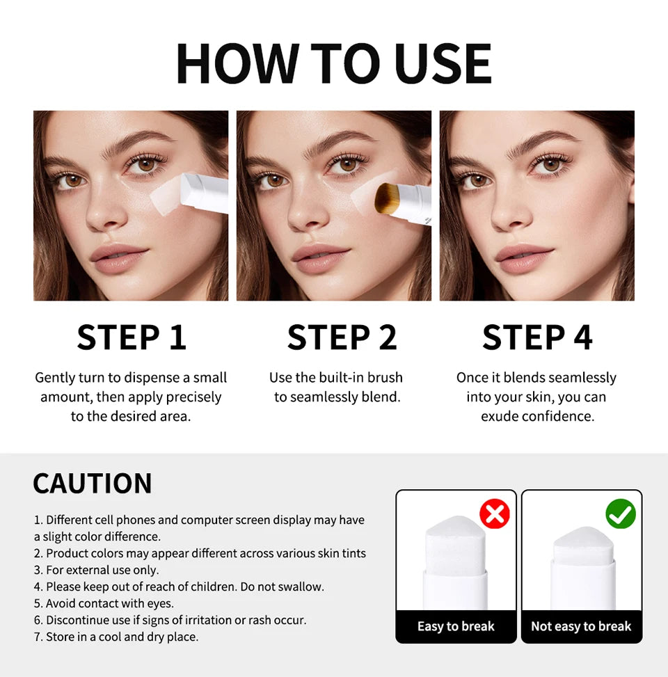Color Changing Foundation Stick Korean Cover Cream Stick High Coverage Waterproof Dual-Ended with Brush  Base Makeup